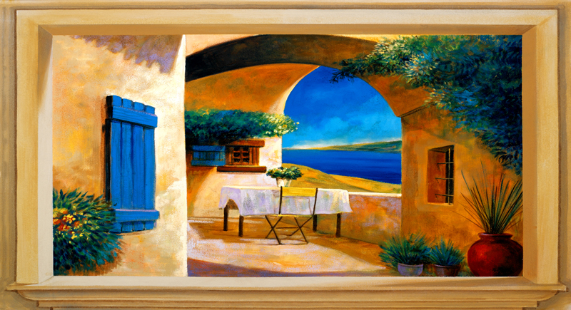 Trompe l'oeil vista mare con tavolino Cortile di Nonna Rosa - PT 100801 